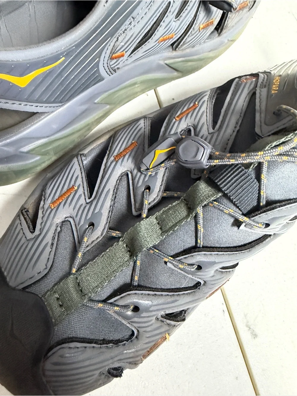 Hoka Men's Gray Sandal/Water Shoes with Gold Logo Accents